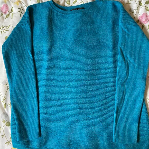 Tahari Deep Turquoise Ribbed Extra Fine Merino Wool Medium Three-Quarter Sleeve - Picture 3 of 10